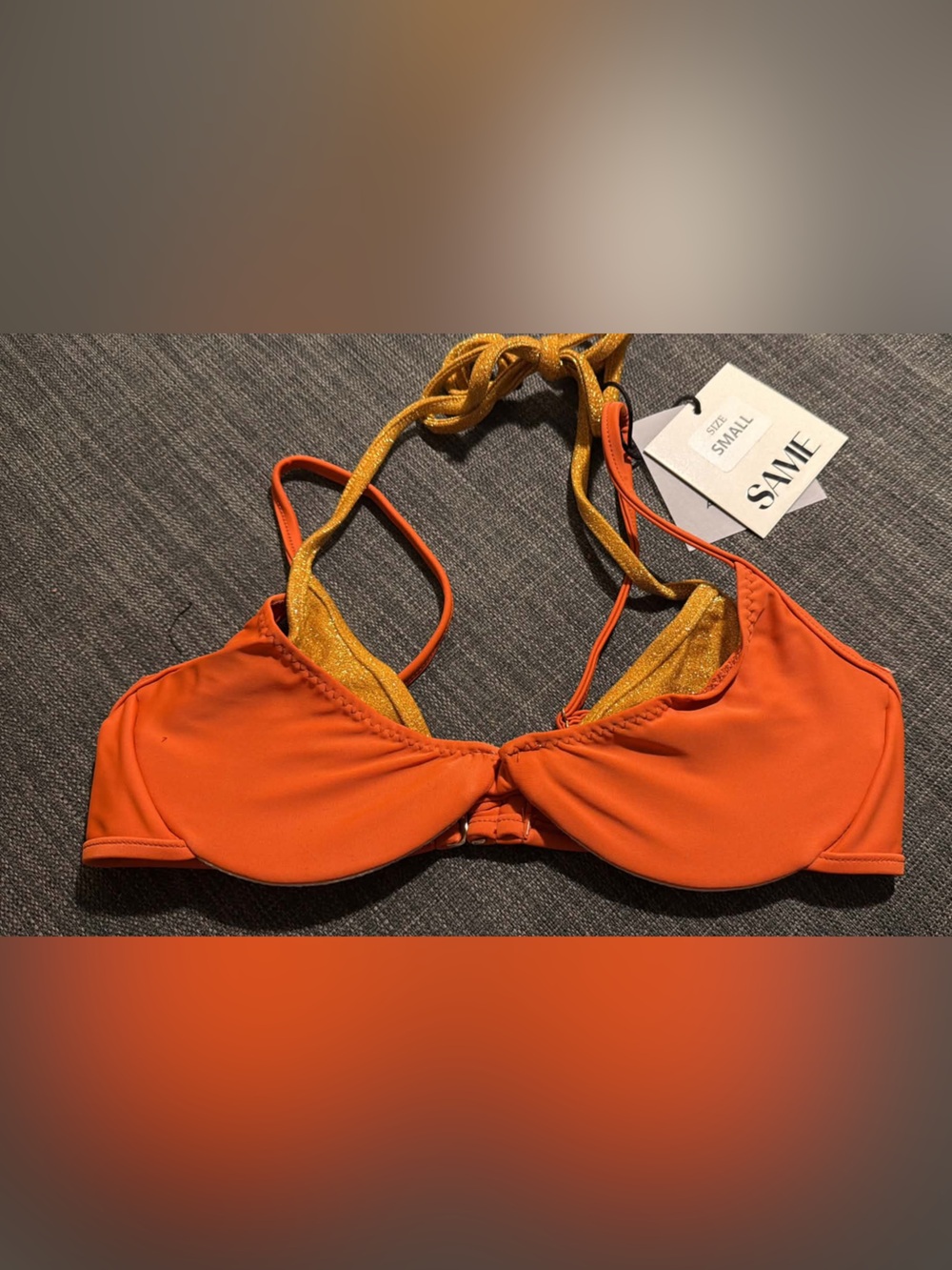 SAME Orange Bikini Top with Gold Halter Straps - Small